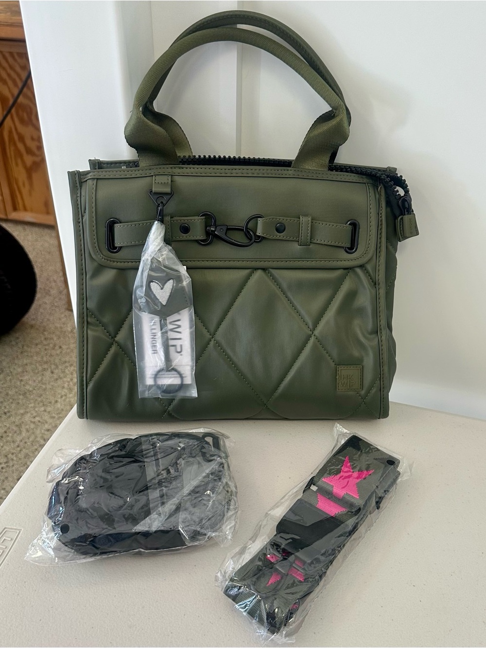 NEW ihkwip Olive Green Quilted Tote with Black Hardware